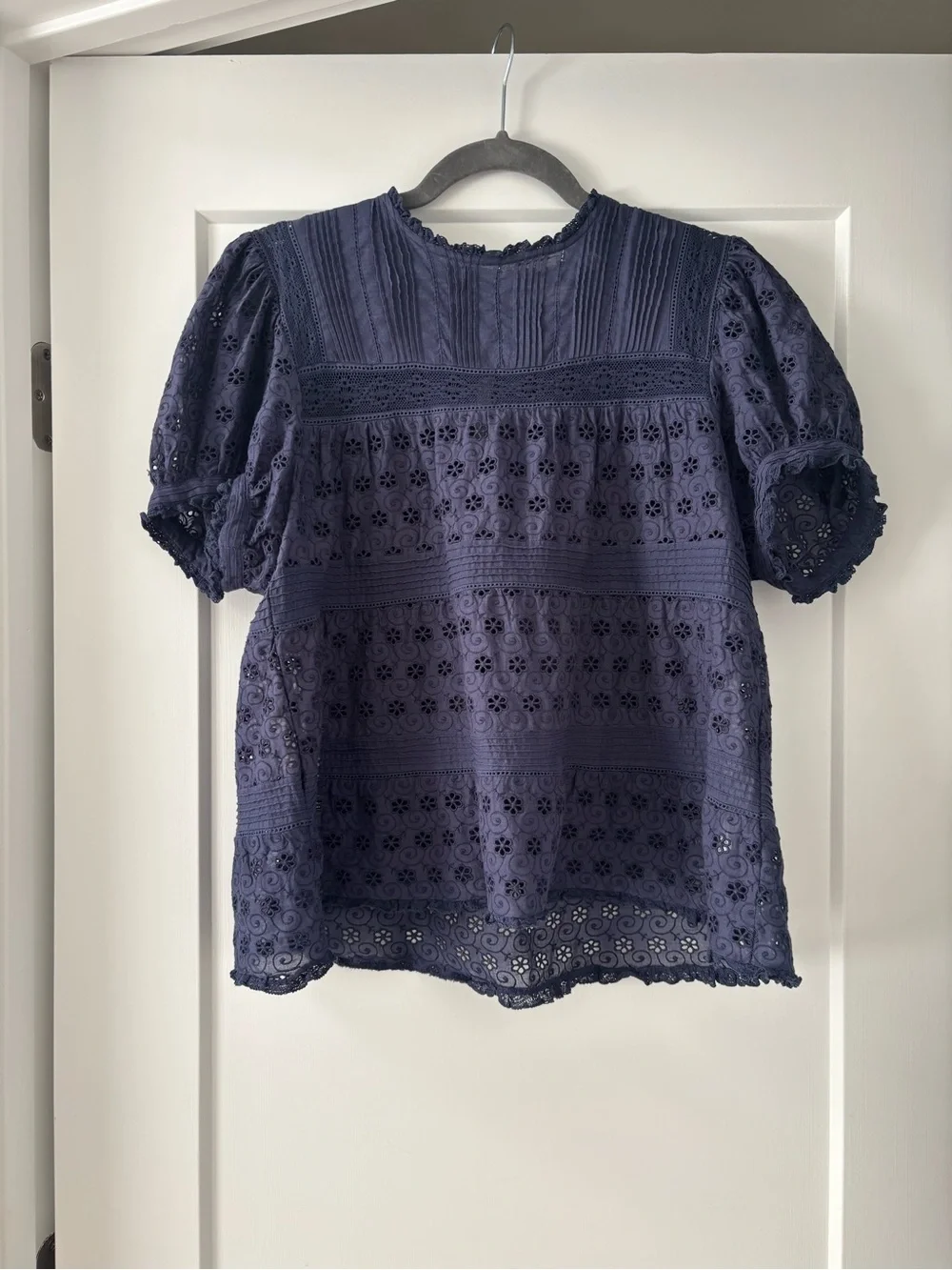 Doen Adeline Navy Embroidered Ruffle Cotton Top
